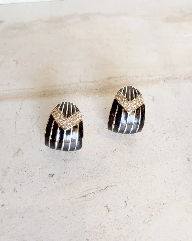 Vintage Gold Tone Black Enamel Striped Rhinestone Clip-On Earrings made by Care Tucker