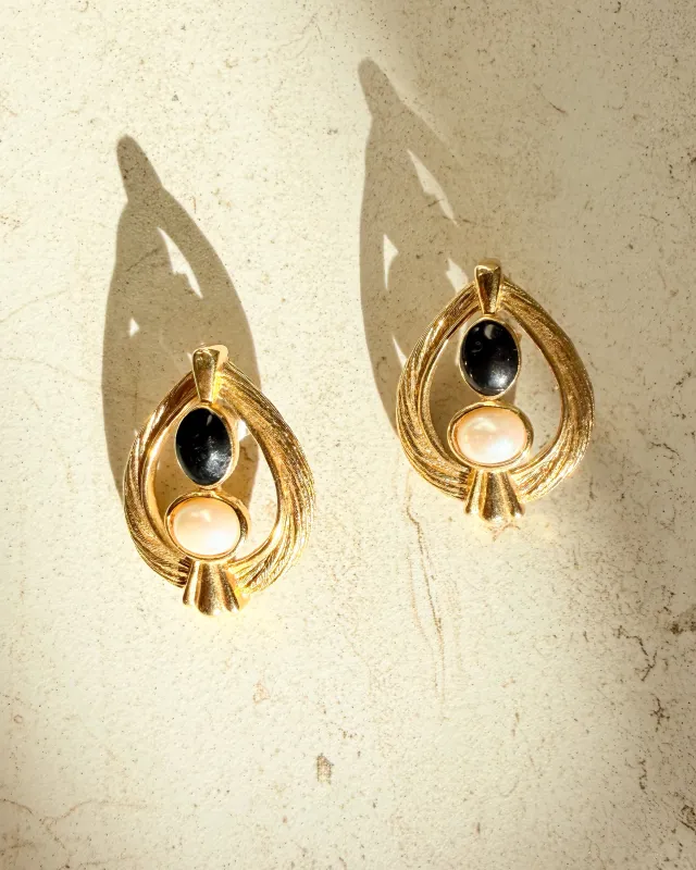Vintage Signed Bold Pearl And Black Stone Gold Tone Clip On Earrings sold by Care Tucker