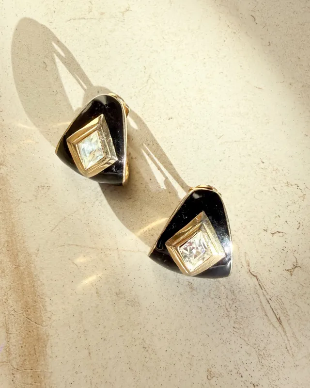 Vintage Signed Black Enamel Diamond Clip On Earrings sold by Care Tucker
