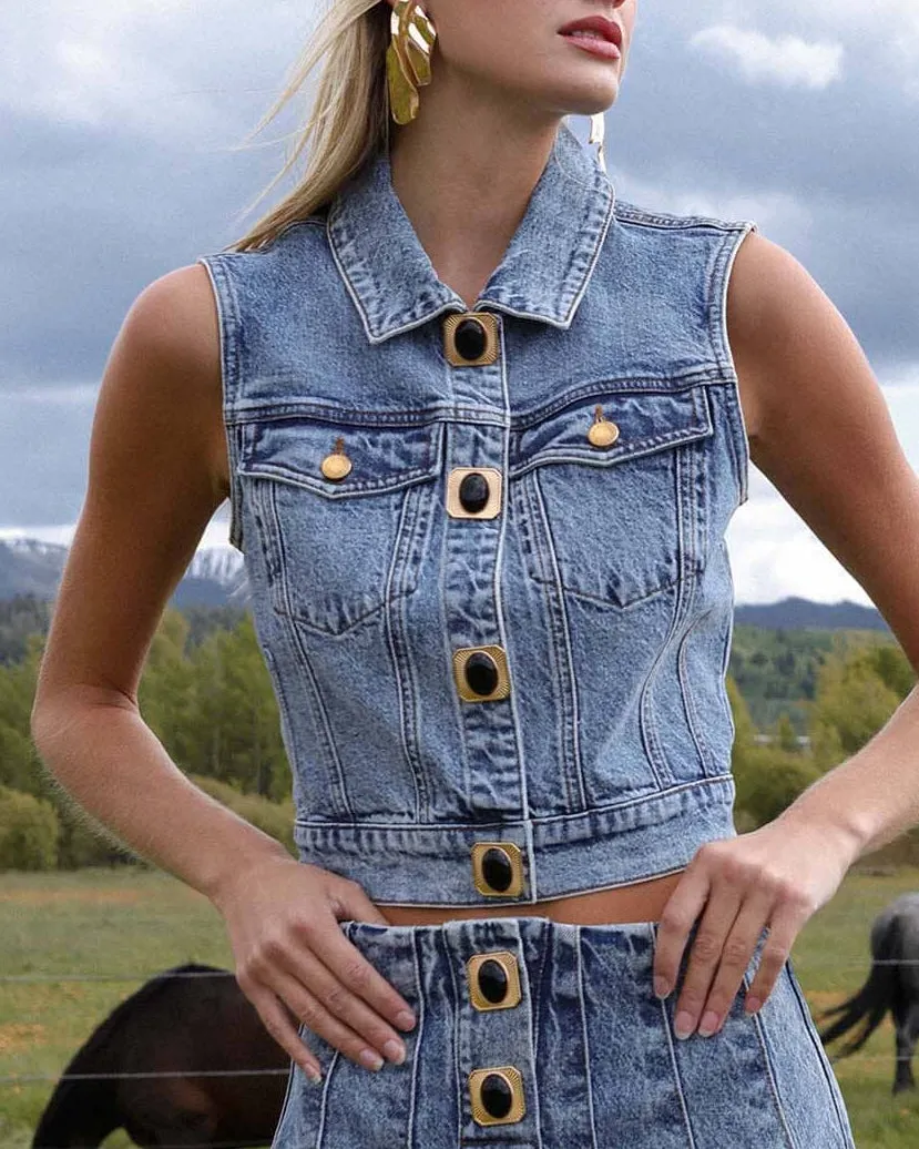 Novelty Button Denim Vest Top sold by Care Tucker