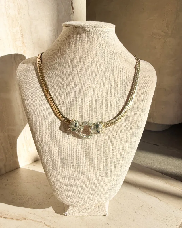 Vintage Green Rhinestone Eye Double Headed Leopard Necklace made by Care Tucker