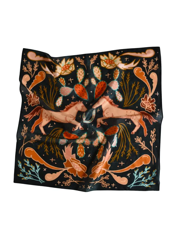 Wild Horse Prairies in Denim Cowgirl Wild Rag: Western Scarf Bandana Silk Tencel Wild Rag made by Care Tucker