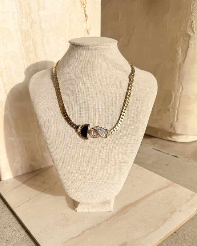 Vintage Signed Black Enamel Gold Rhinestone Crystal Hook Necklace sold by Care Tucker