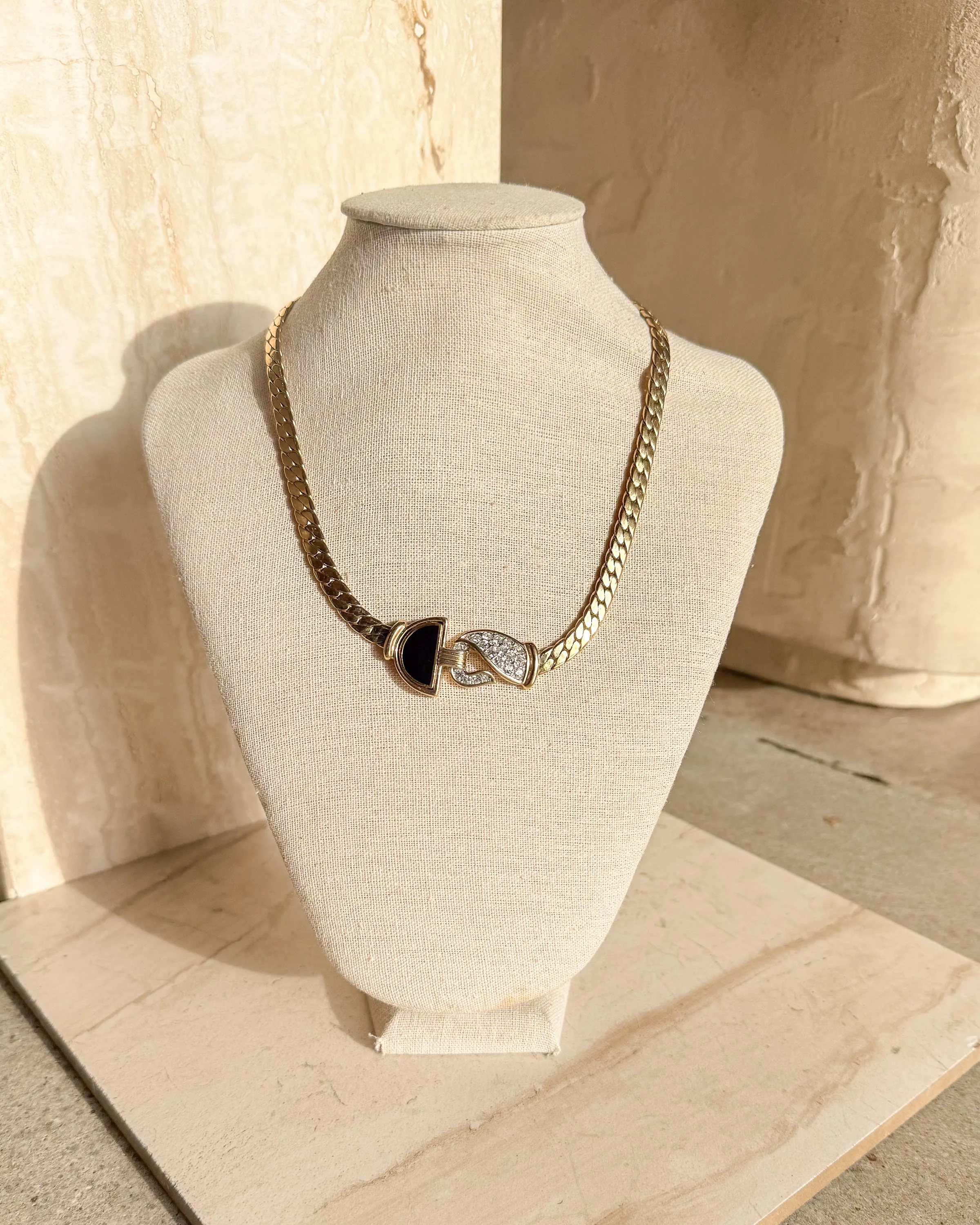 Vintage Signed Black Enamel Gold Rhinestone Crystal Hook Necklace sold by Care Tucker