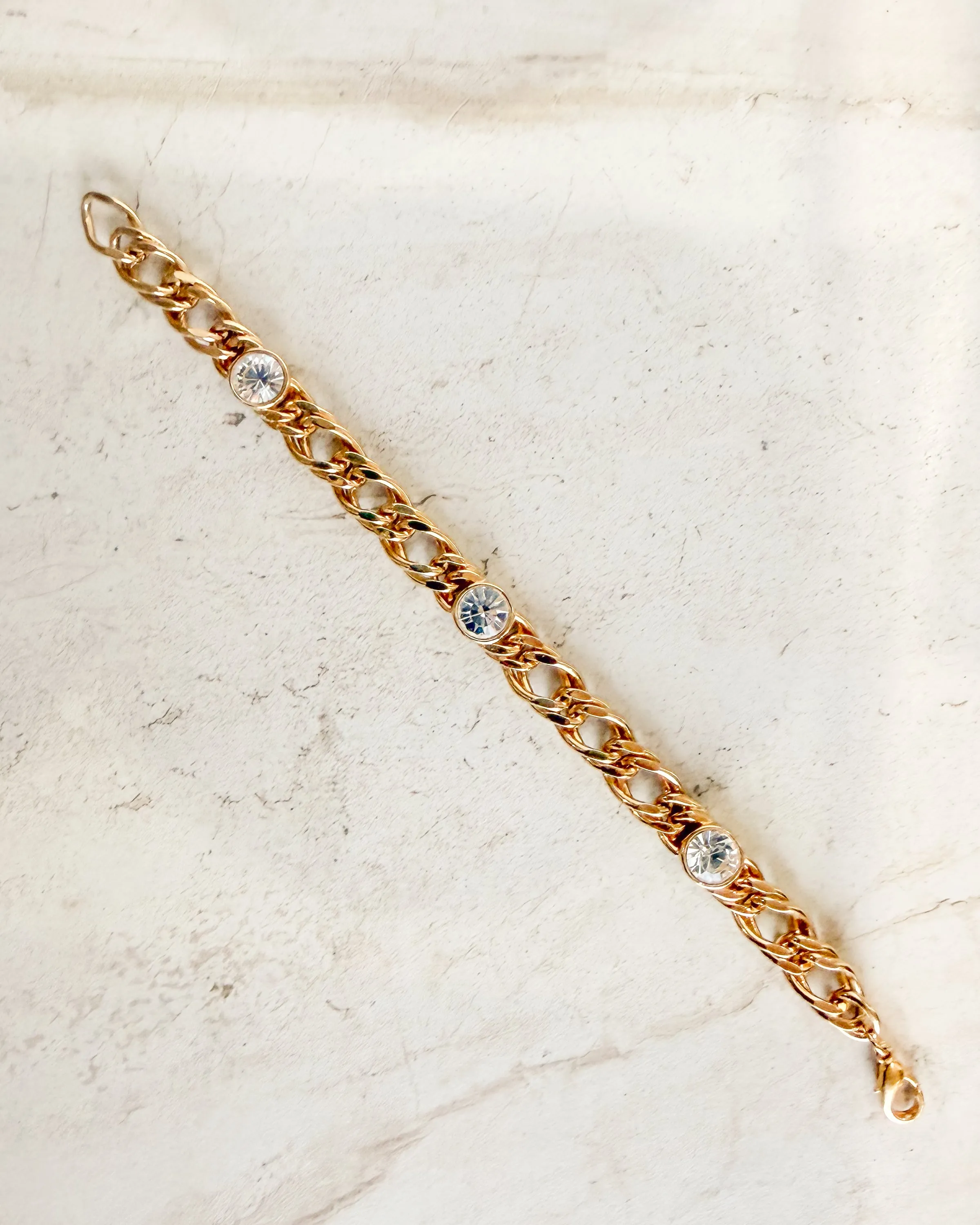 Vintage Signed Circle Rhinestone Gold Link Bracelet sold by Care Tucker