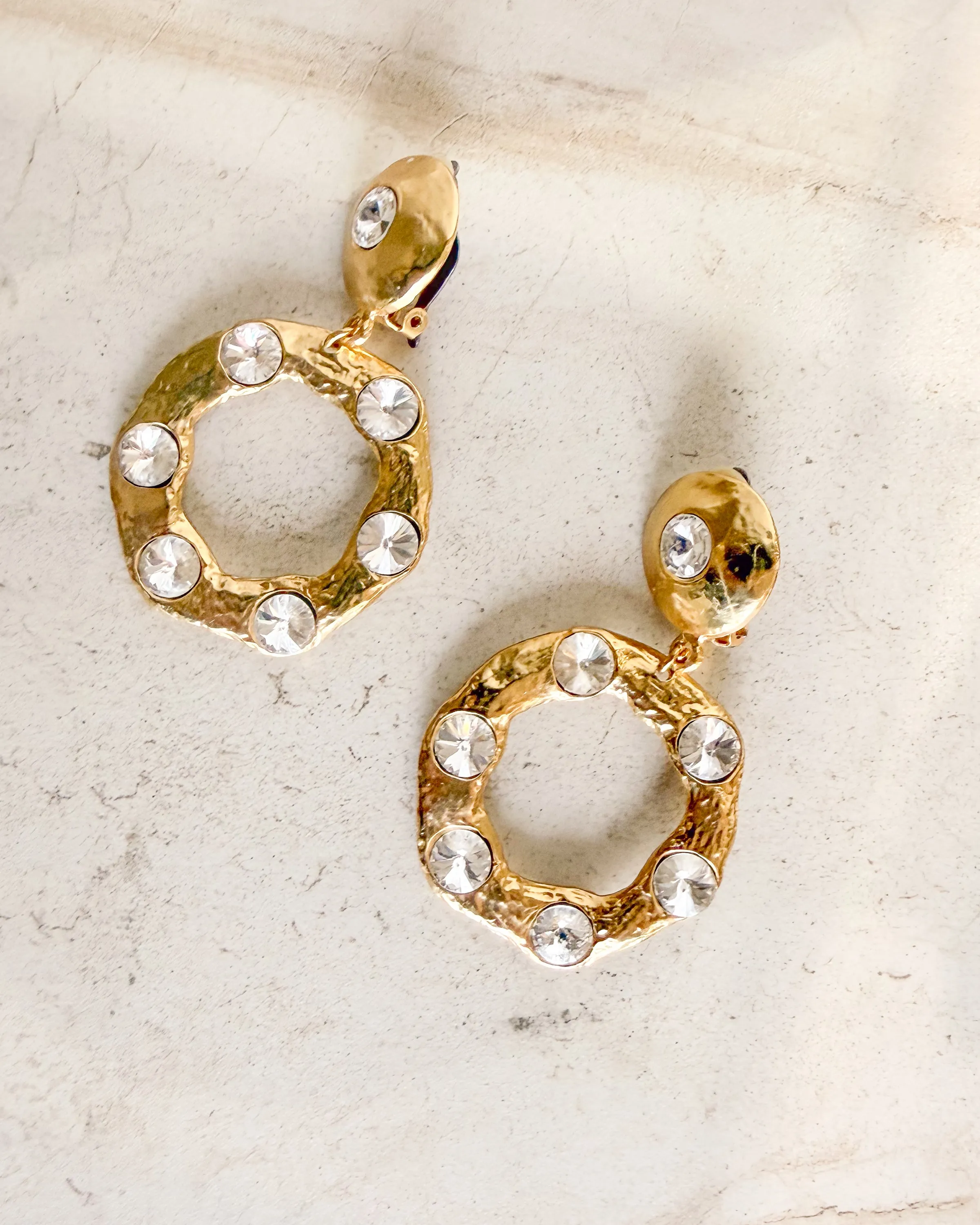 Vintage Crystal and gold Door Knocker Hoop Clip-Ons sold by Care Tucker