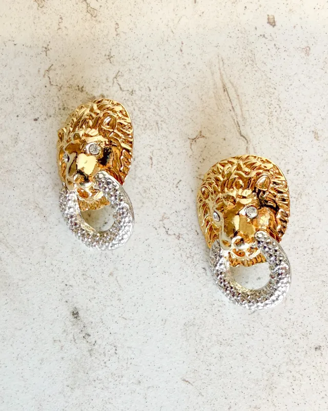 Vintage Lion Head 2 Tone Door Knocker Hoop Clip on Earrings made by Care Tucker