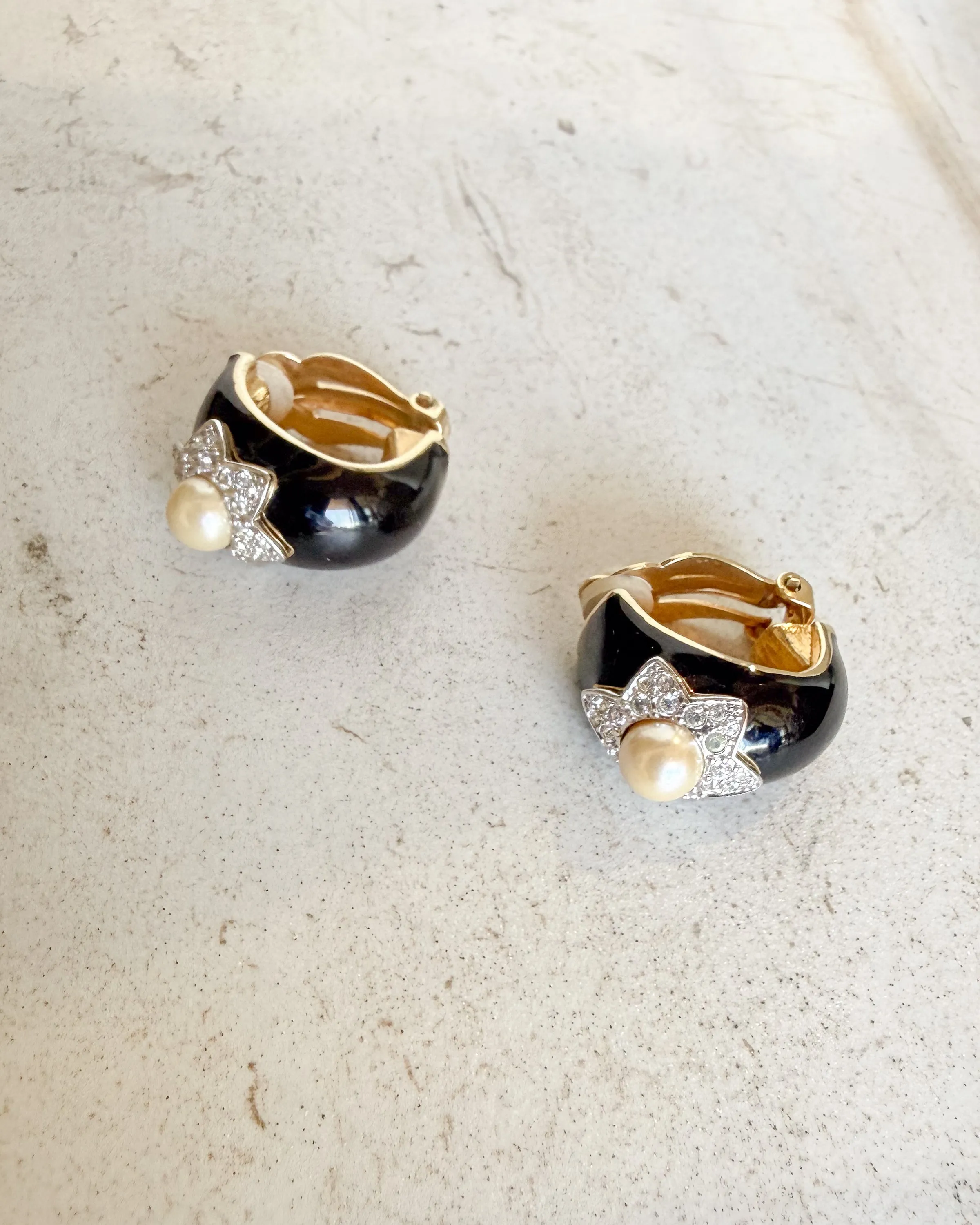 Vintage Signed Black Enamel Diamond Pearl Flower Clip On Earrings sold by Care Tucker product image thumbnail 2