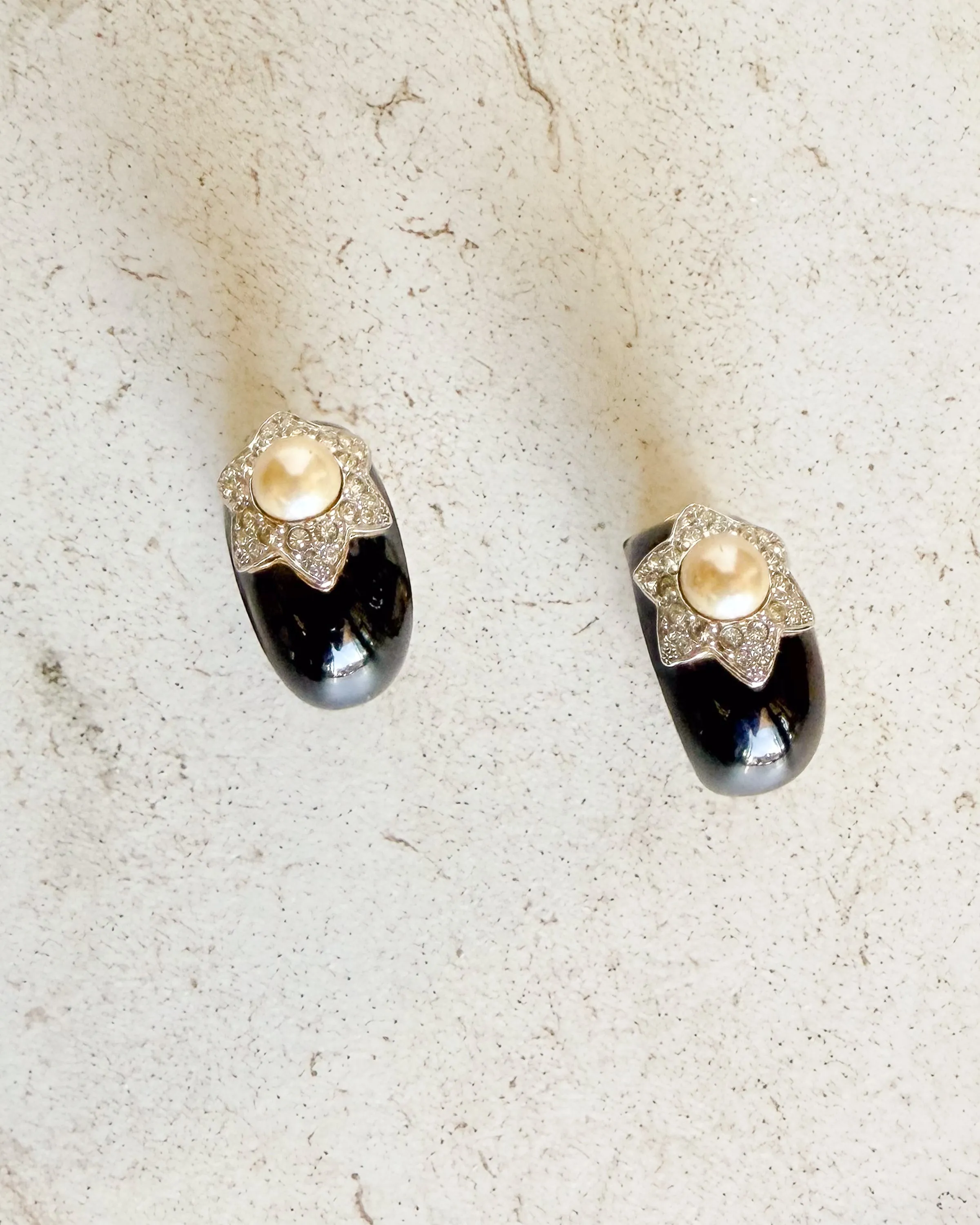 Vintage Signed Black Enamel Diamond Pearl Flower Clip On Earrings sold by Care Tucker