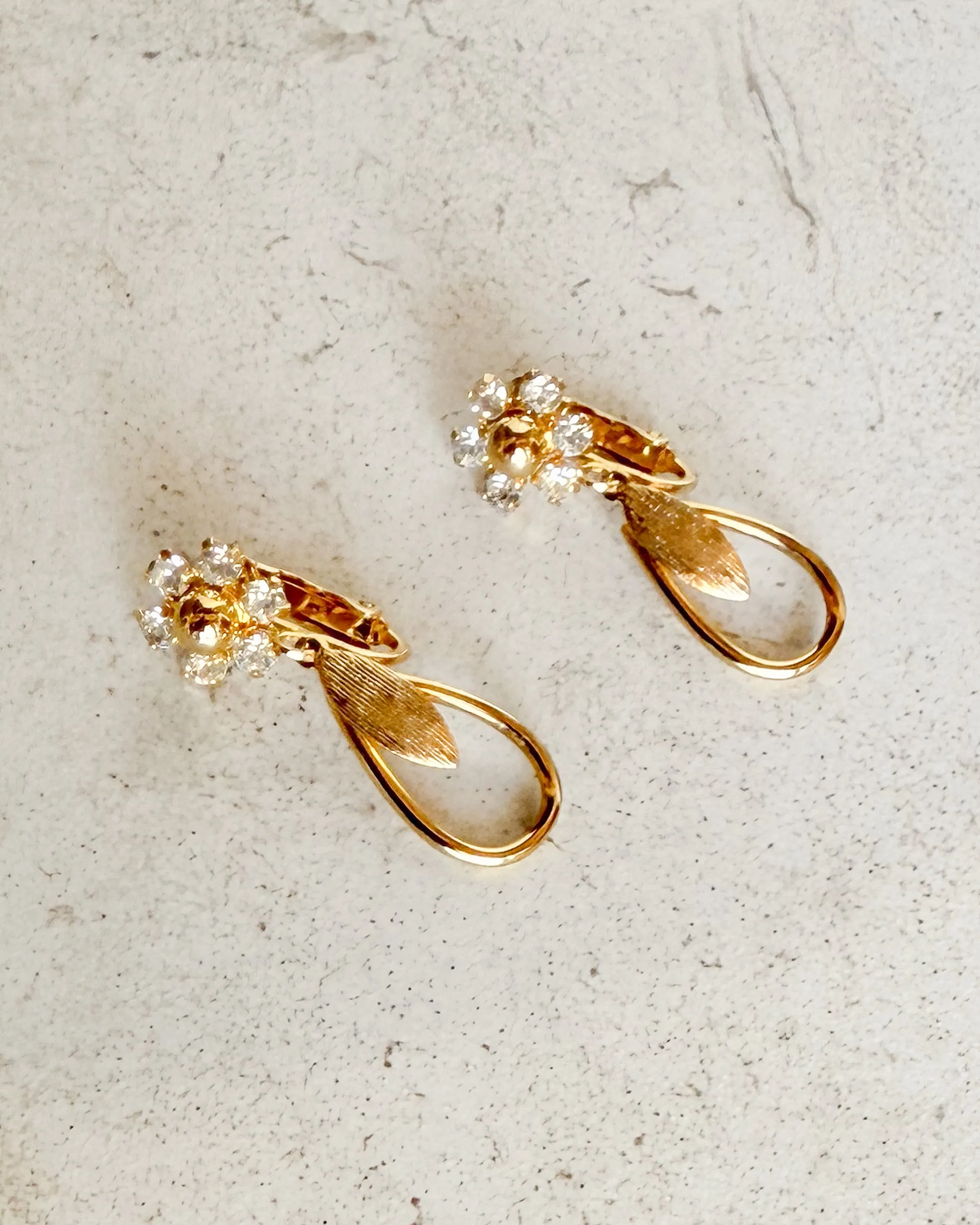 Vintage Signed Flower Rhinestone Teardrop Clip-on Earrings sold by Care Tucker product image thumbnail 3