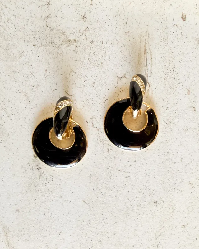 Vintage Signed Black Enamel Diamond Clip On Earrings sold by Care Tucker