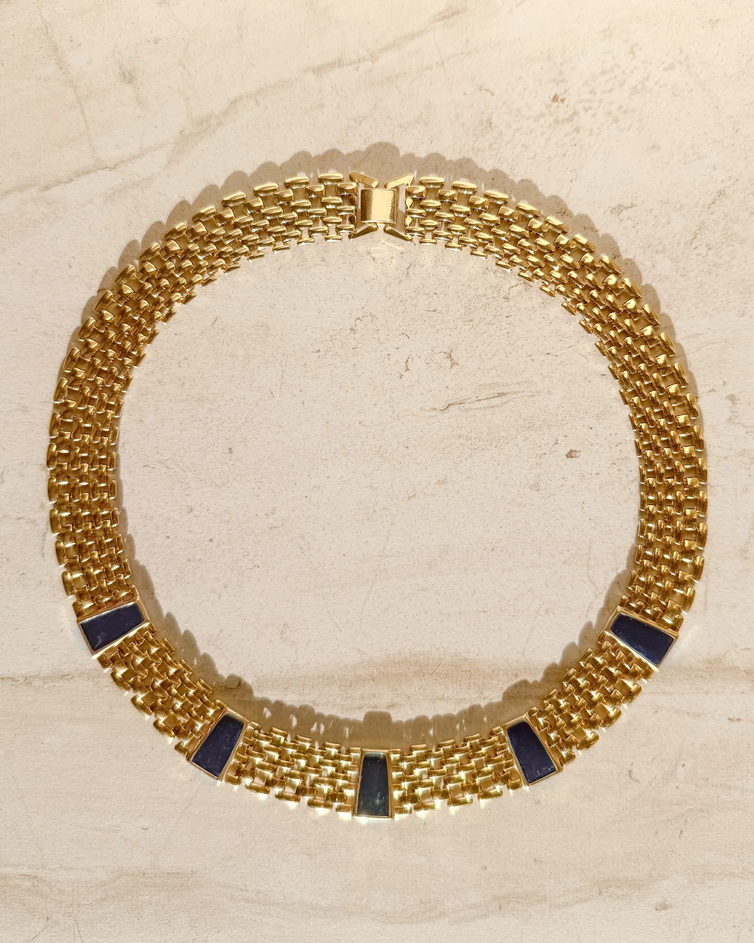 Vintage Navy Enamel Gold Tone Watch Band Chain Necklace sold by Care Tucker