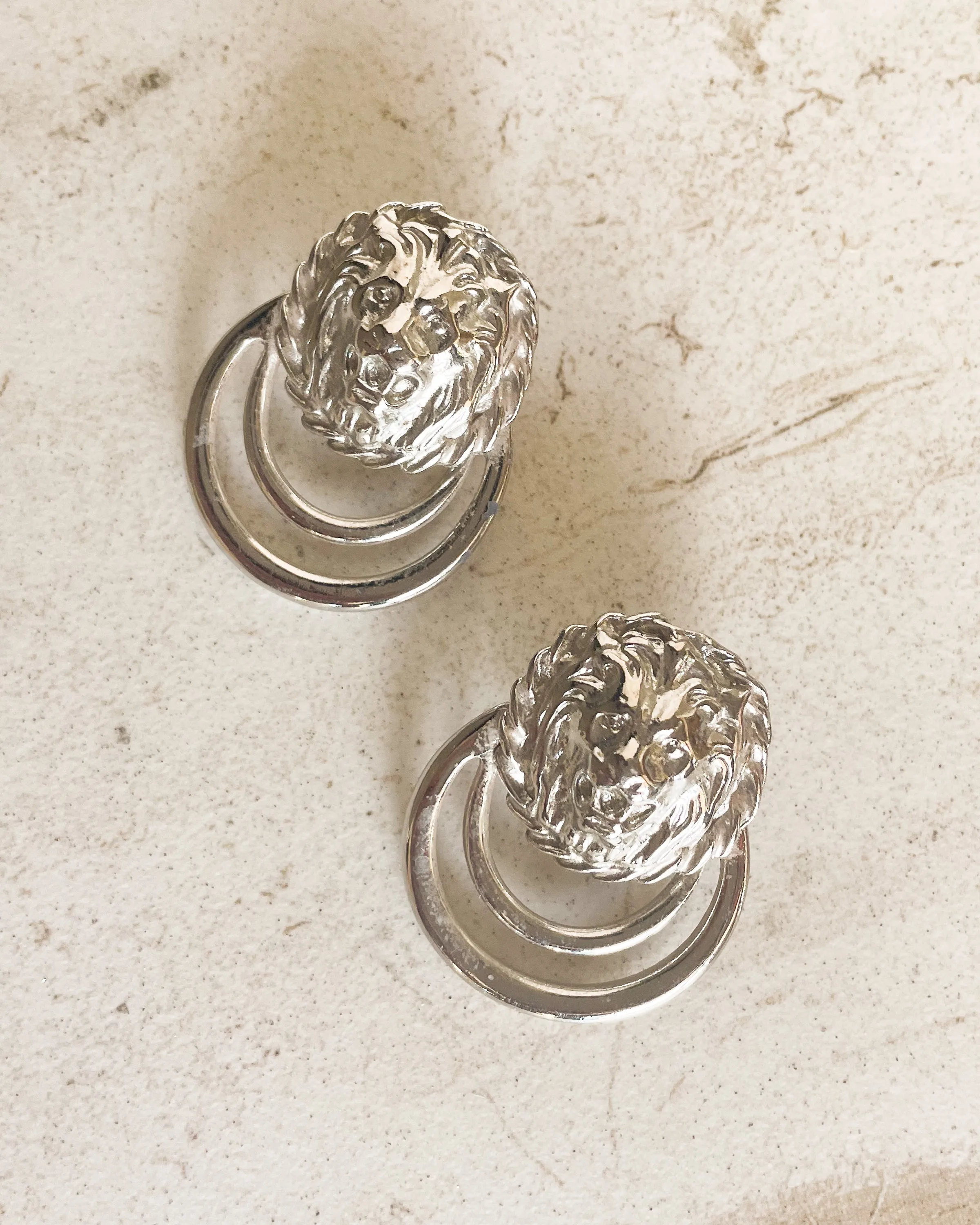Vintage Silver Tone Lion Head Door Knocker Pierced Earrings sold by Care Tucker