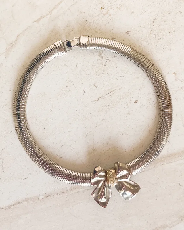 Vintage two tone bow silver snake chain choker made by Care Tucker