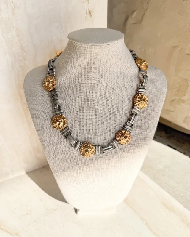 Vintage Signed 2 Tone Lion Head Medallions Necklace made by Care Tucker