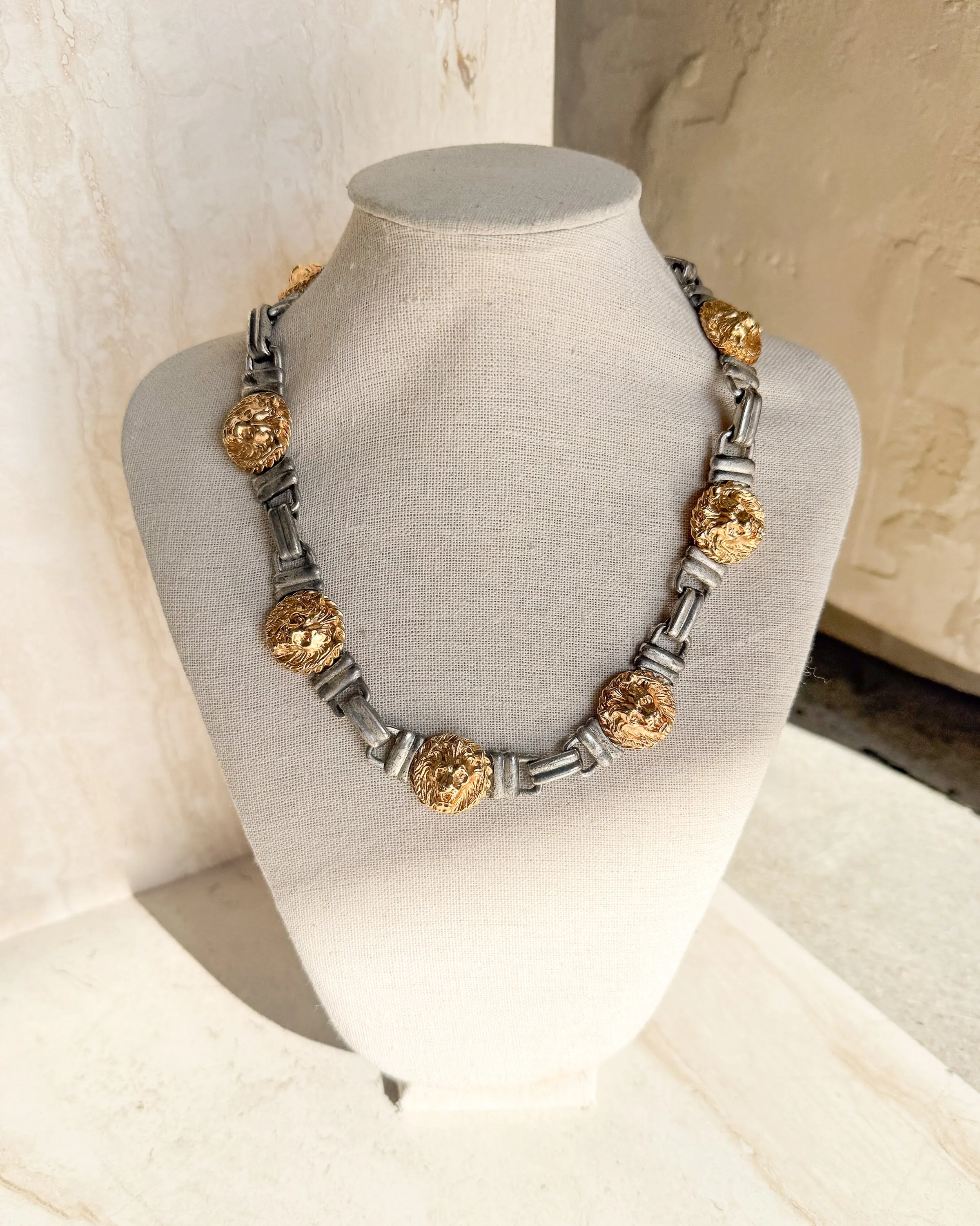 Vintage Signed 2 Tone Lion Head Medallions Necklace sold by Care Tucker
