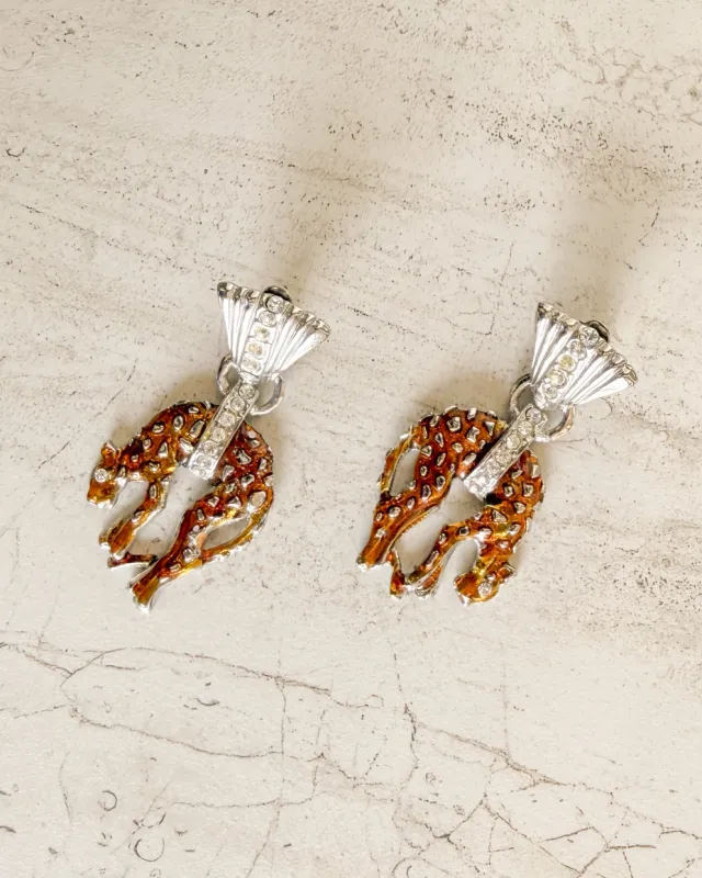 vintage Silver leopard crystal statement clip on earrings made by Care Tucker