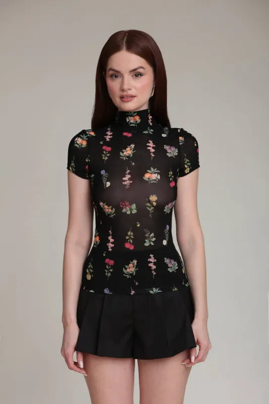Floral Mesh Mock Neck Top (Black Botanical) made by Care Tucker