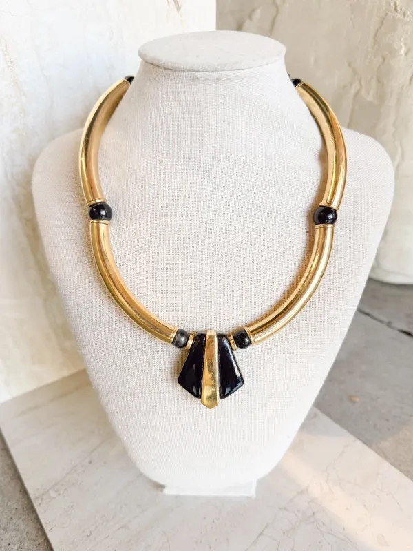 Vintage Art Deco Gold & Black Bead Necklace made by Care Tucker