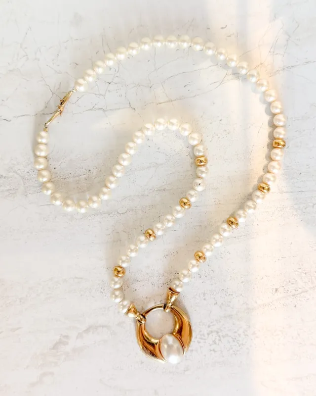 Vintage Gold and Pearl Beaded Pendant Necklace made by Care Tucker