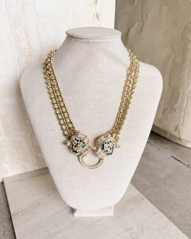 Vintage Double Chain Panther Head Necklace made by Care Tucker