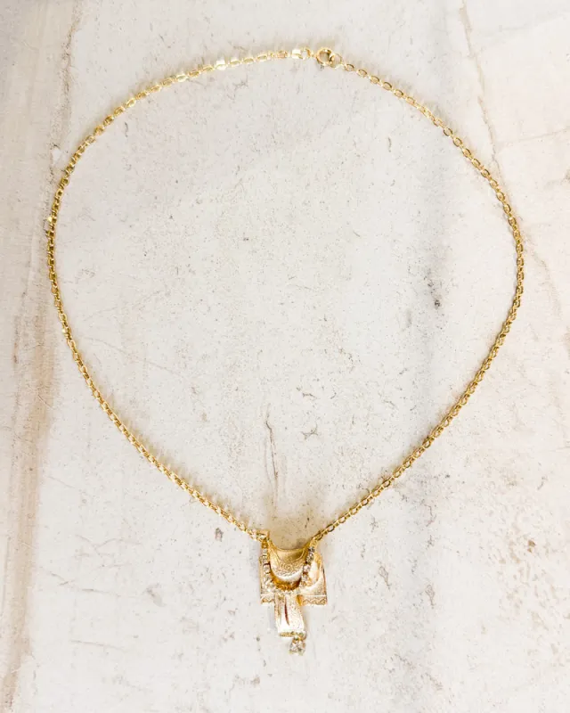 Vintage Brushed Gold tone Western SADDLE pendant with Clear Rhinestones Necklace made by Care Tucker
