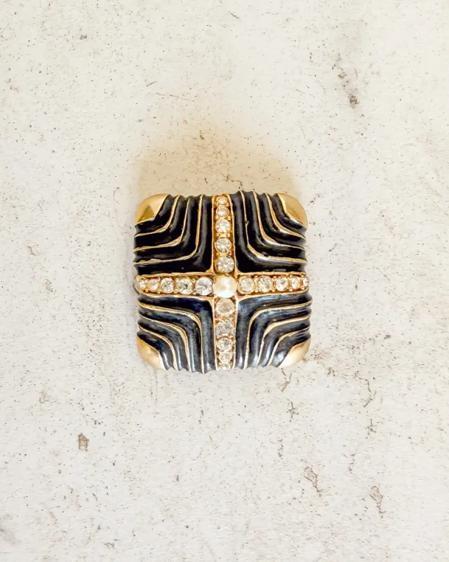 Vintage Black and Gold Rhinestone Pearl Square Brooch made by Care Tucker
