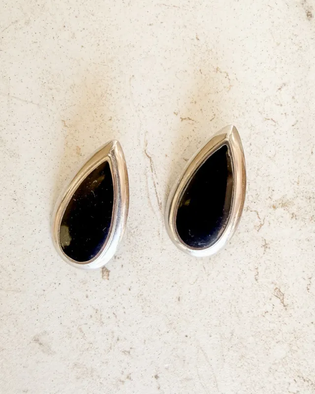 Vintage Silver Black Enamel Teardrop Earring made by Care Tucker