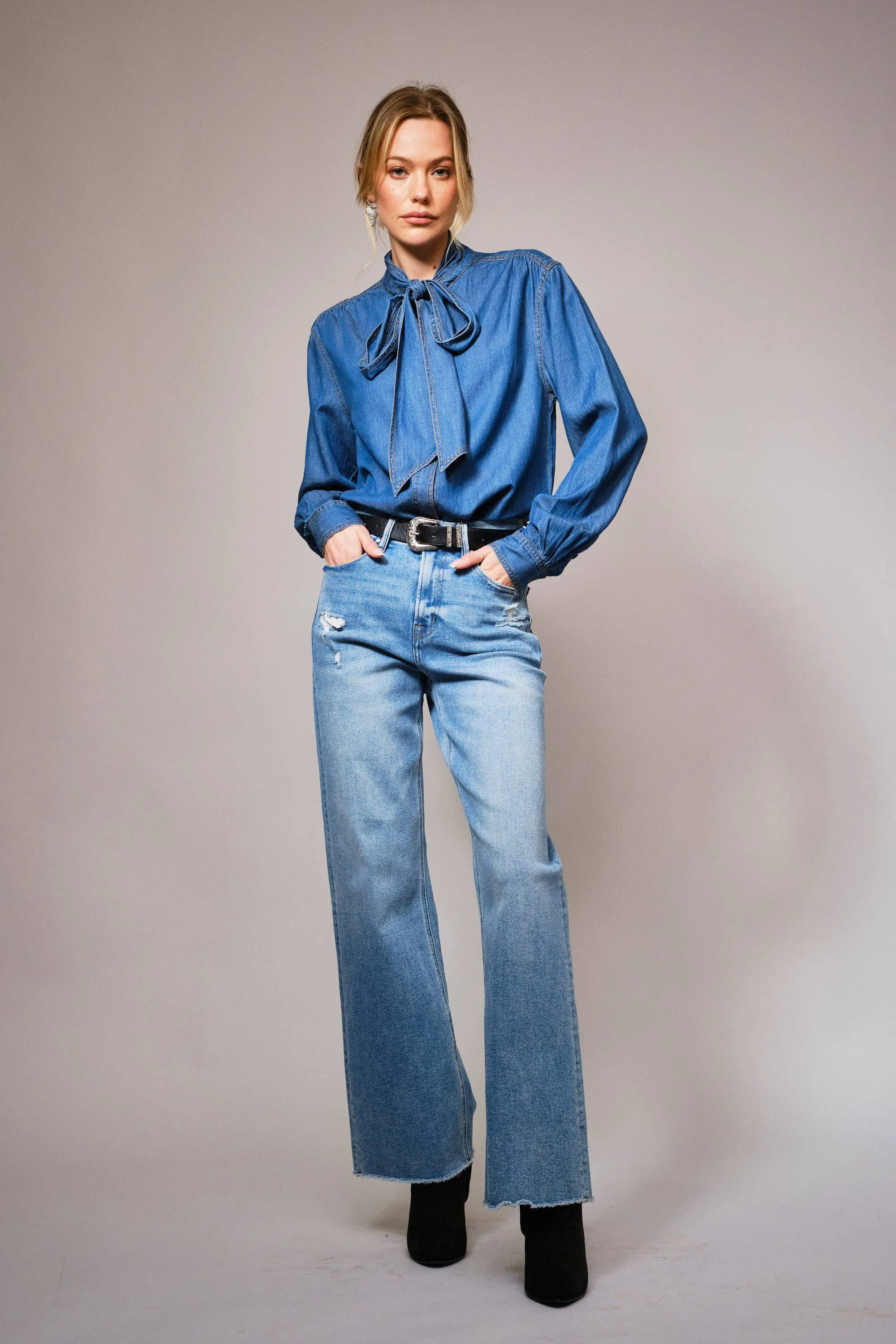 Tie Neck Hidden Button Chambray Blouse sold by Care Tucker product image thumbnail 4