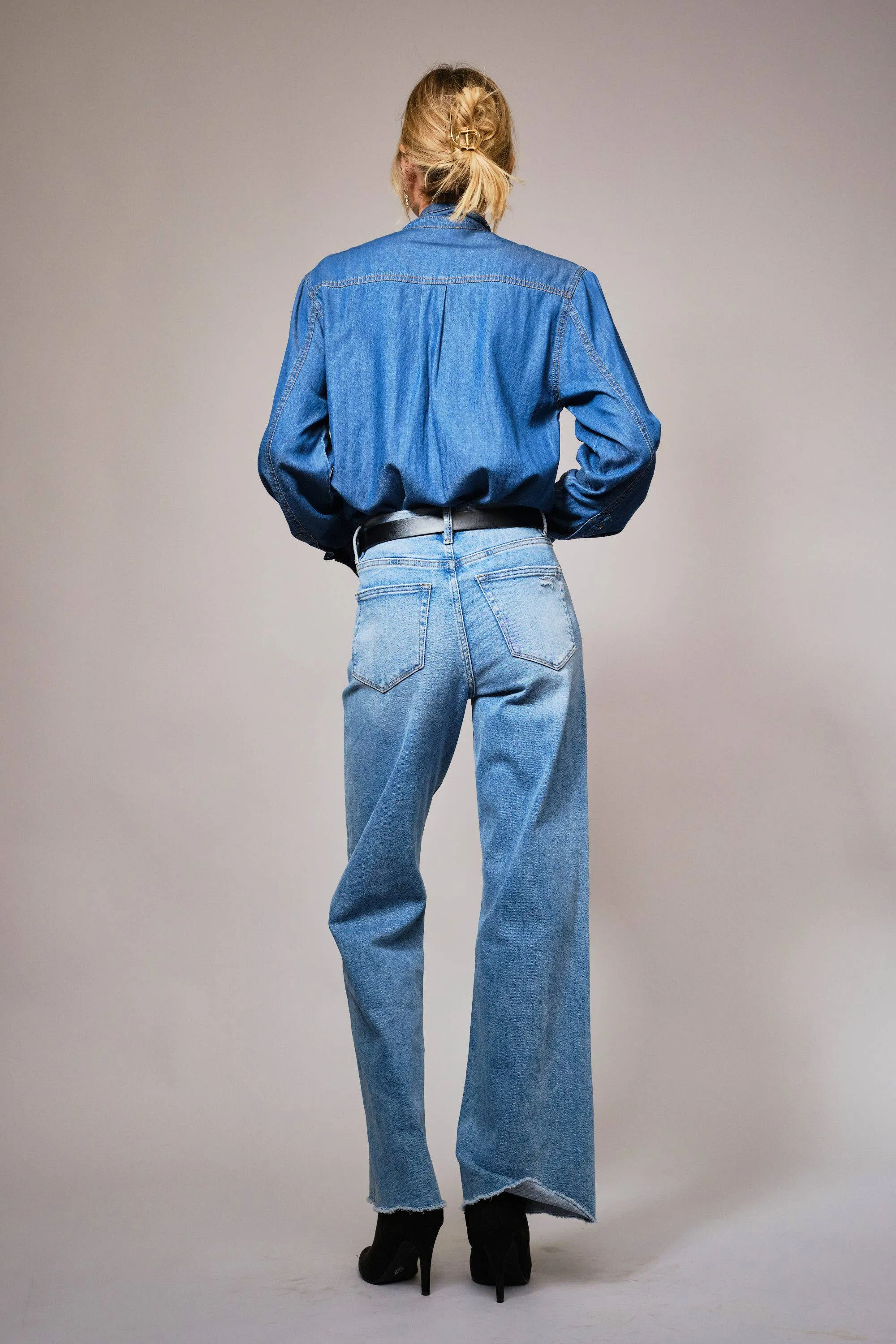 Tie Neck Hidden Button Chambray Blouse sold by Care Tucker product image thumbnail 5