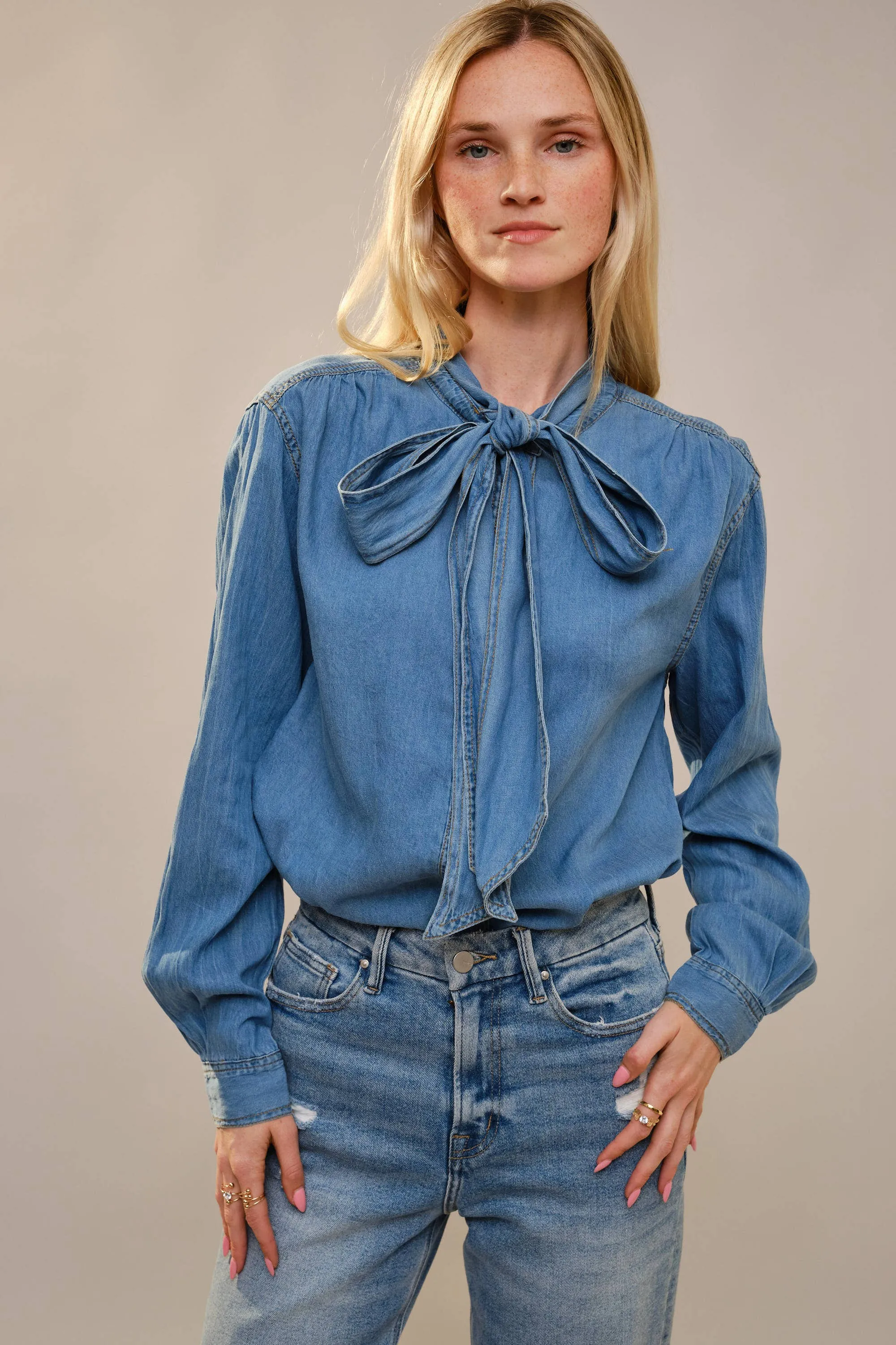 Tie Neck Hidden Button Chambray Blouse sold by Care Tucker product image thumbnail 2