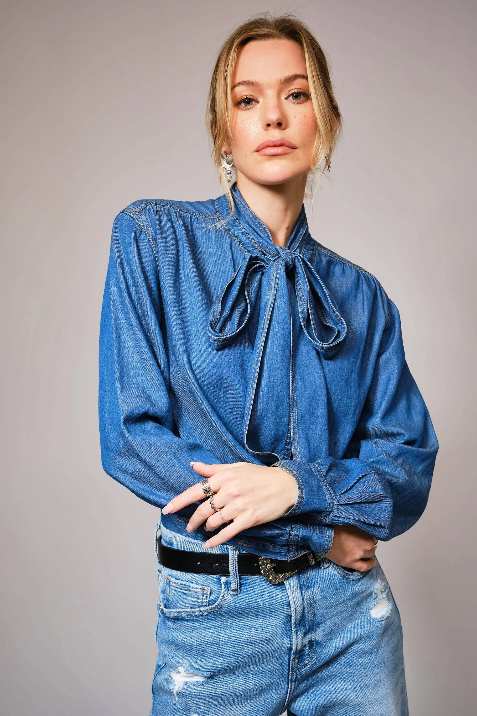 Tie Neck Hidden Button Chambray Blouse sold by Care Tucker product image thumbnail 3