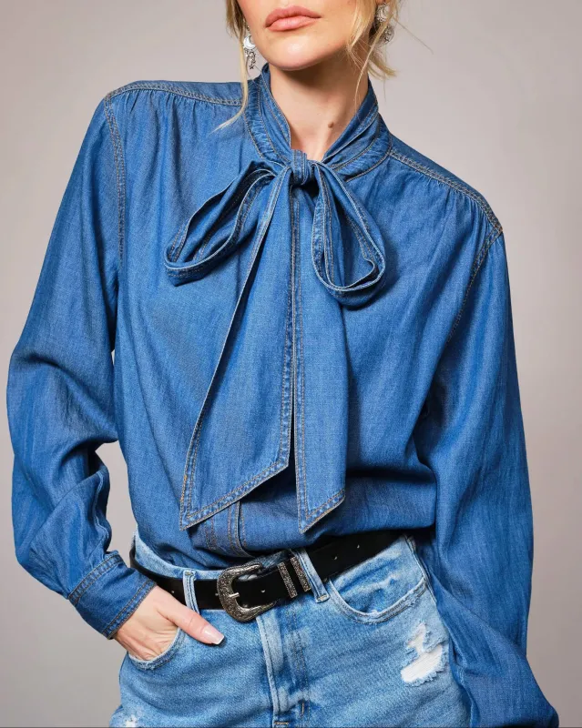 Tie Neck Hidden Button Chambray Blouse made by Care Tucker