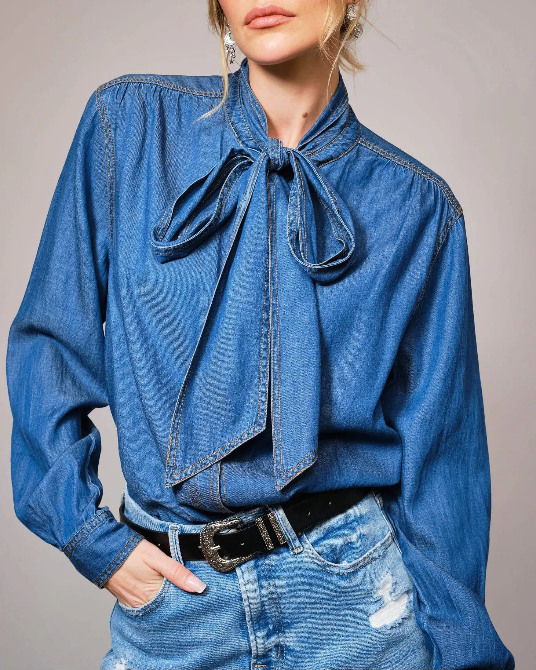 Tie Neck Hidden Button Chambray Blouse sold by Care Tucker