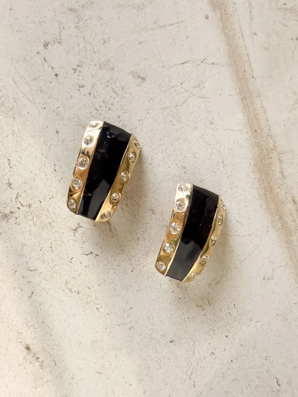 Vintage GOLD Black Enamel Diamond Rectangular Clip On Earrings made by Care Tucker