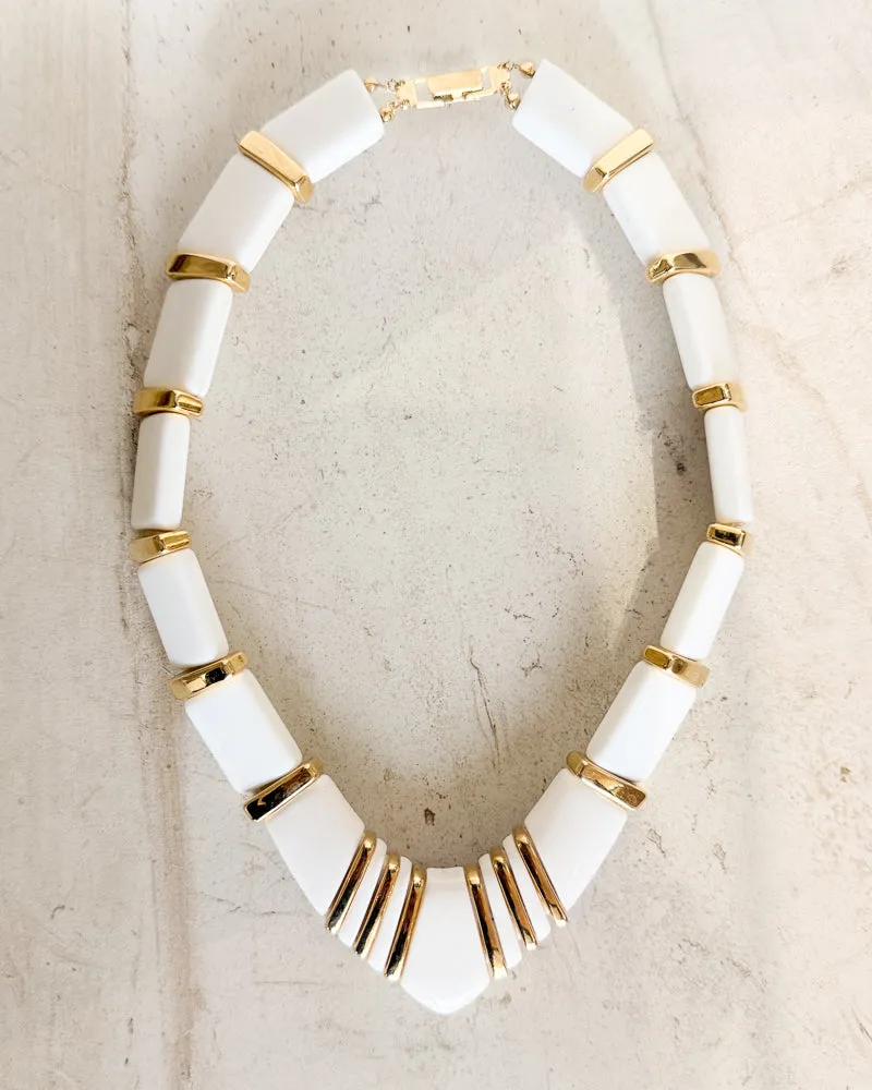Vintage Signed COUTURE GOLD W/WHITE LUCITE MODERNIST DECO NECKLACE sold by Care Tucker