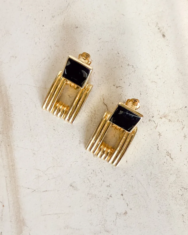 Vintage GOLD Black Enamel Clip On Earrings sold by Care Tucker