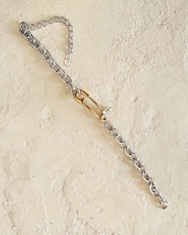 Roxy Bracelet Silver Chain with Gold Safety Pin and Crystal Cross Charm made by Care Tucker