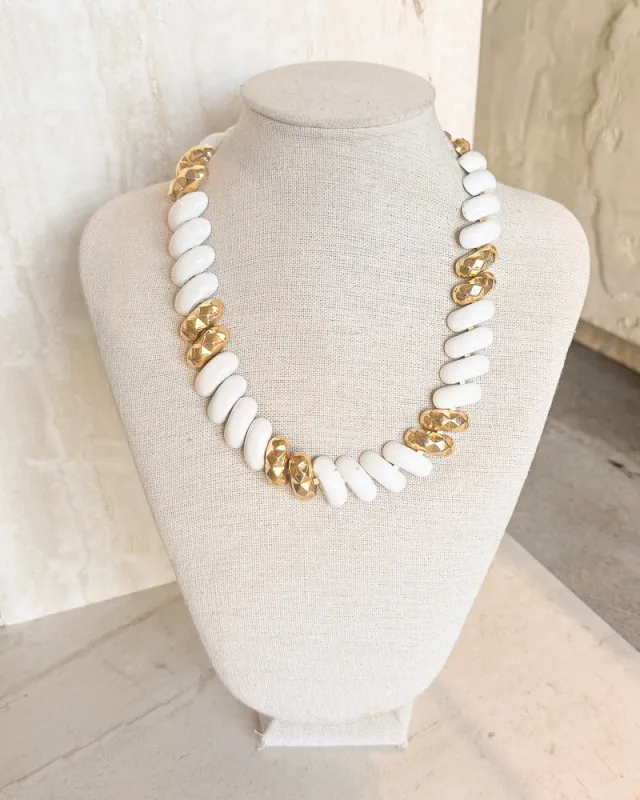 Vintage Signed White Enameled Metal Gold Tone Retro Necklace made by Care Tucker