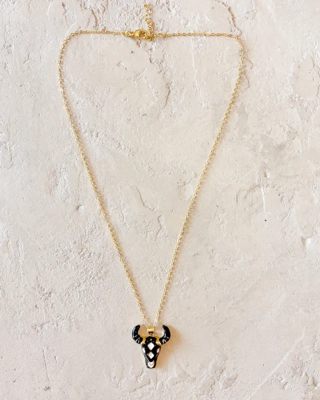 Black Enamel Bull Necklace made by Care Tucker
