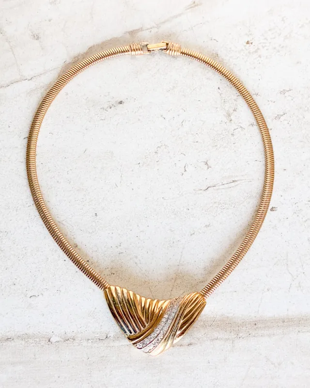 Vintage Signed Chunky V Choker Gold-Tone Clear Rhinestones Omega Chain made by Care Tucker