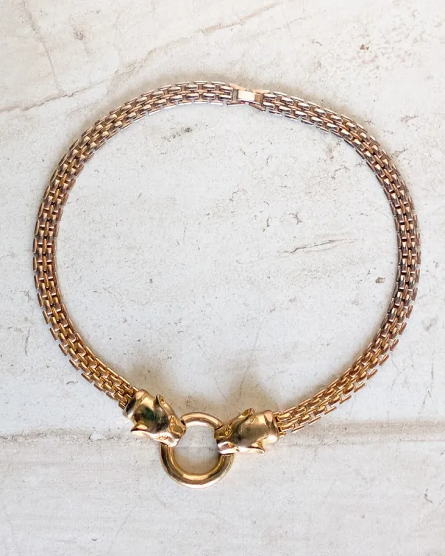 Vintage Gold tone double panther head ring choker necklace made by Care Tucker