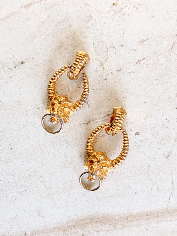 Vintage Gold Plate Lions Head Dangle Hoop Clip On Earrings made by Care Tucker