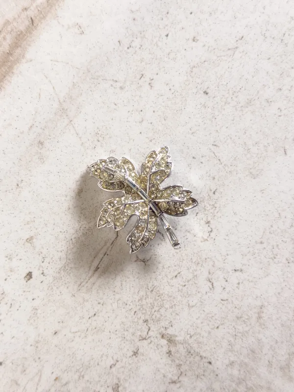 Vintage CLEAR RHINESTONE SILVER TONE LEAF BROOCH made by Care Tucker
