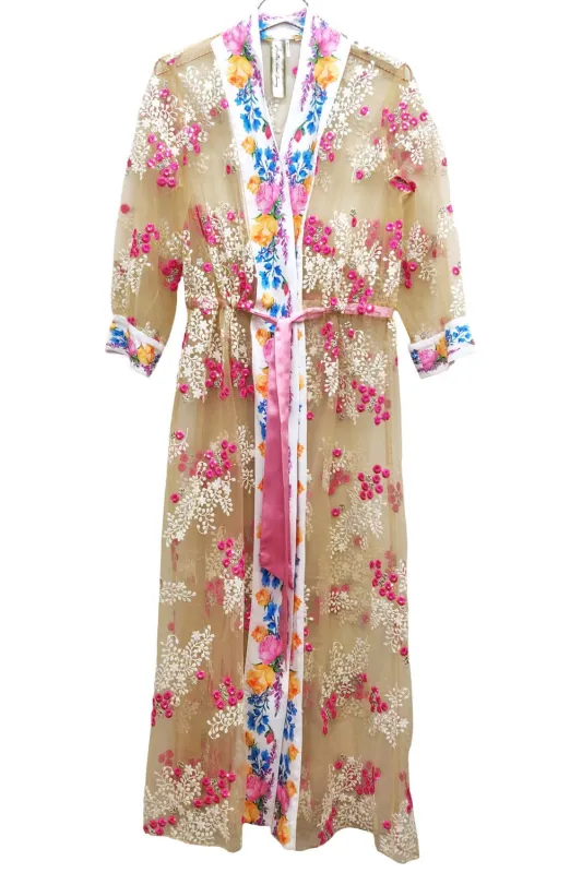 Beaded Floral Mesh Coat Robe Coverup made by Care Tucker