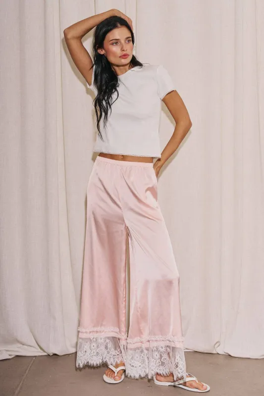 Woven Satin Lace Trim Wide Pants made by Care Tucker