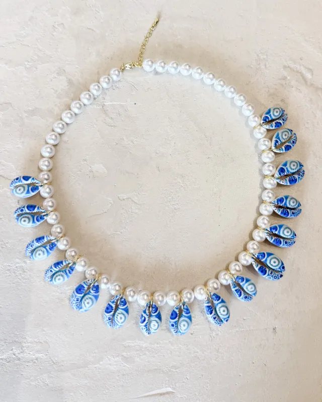 Shell hand painted eye  Pearl Necklace made by Care Tucker