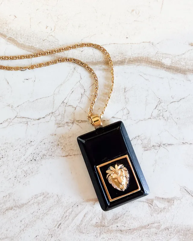 Vintage Lion Head Black Enamel Pendant Necklace made by Care Tucker