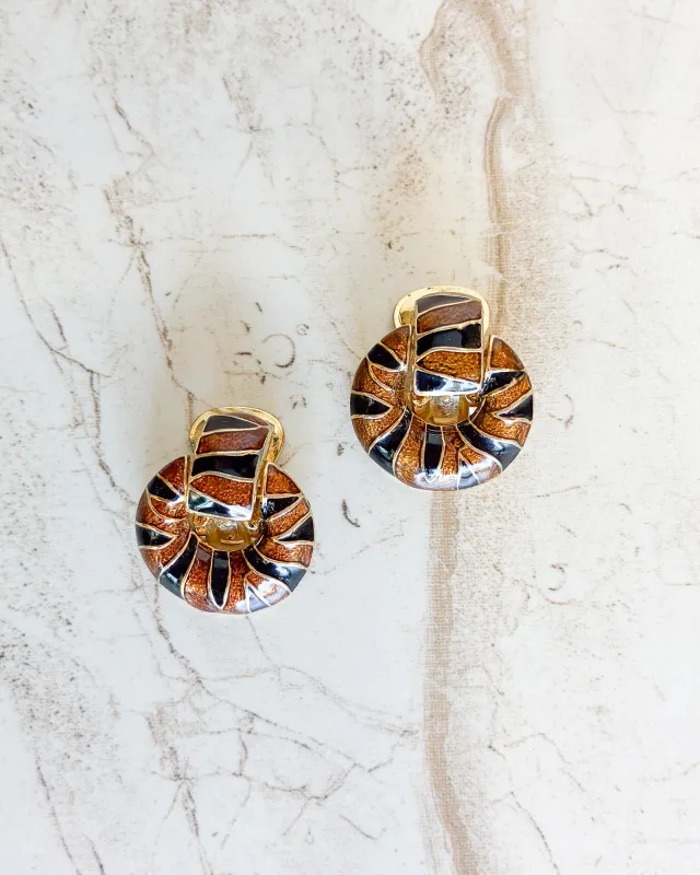 Vintage tiger Circular Gold Clip On Earrings made by Care Tucker