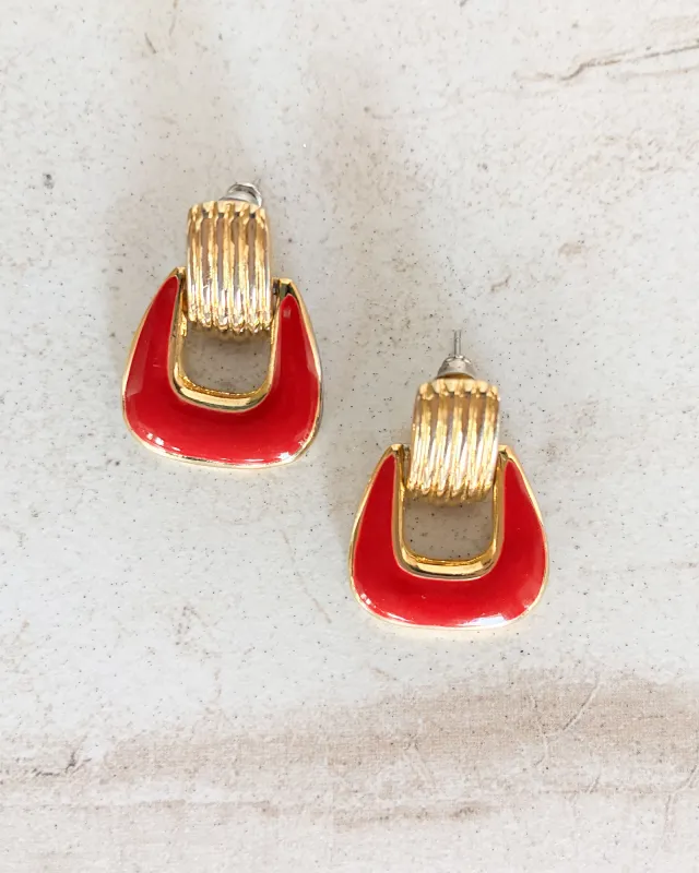 Vintage Gold Tone Red Enamel Doorbell Clip-on Earrings made by Care Tucker